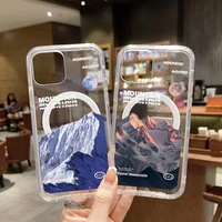 mountains and moon phone case for iphone 13 12 11 mini pro max transparent super magnetic magsafe cover