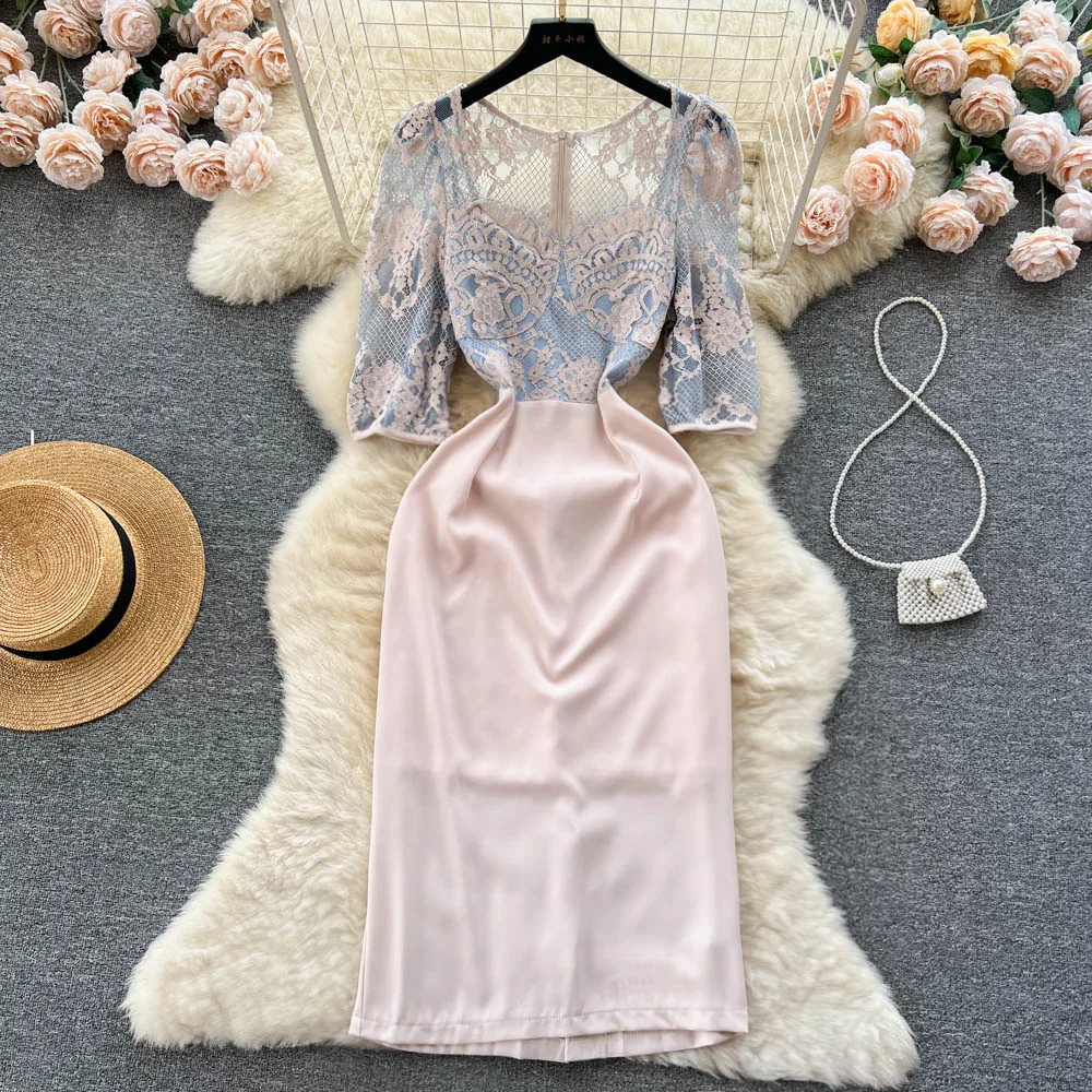 

Summer French Dress Lace Embroidered Square Neck Splice Slim Fit Premium Dress