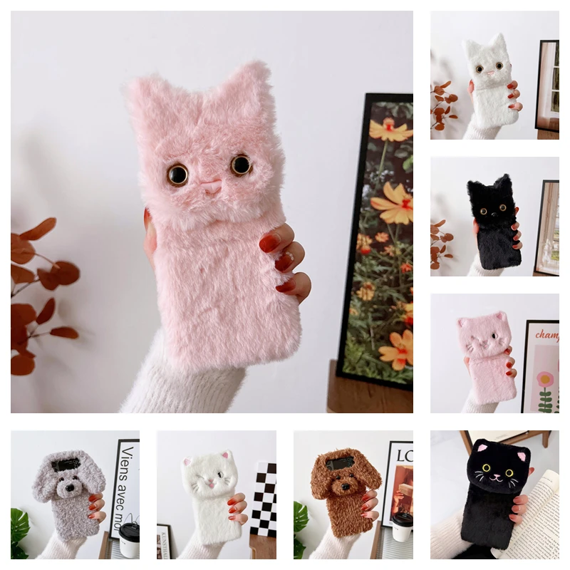 

Lovely Cat Dog Plush Retractable Phone Stand Case for Samsung Galaxy Z Flip 3 Back Cover for ZFlip3 Case Protective Shell