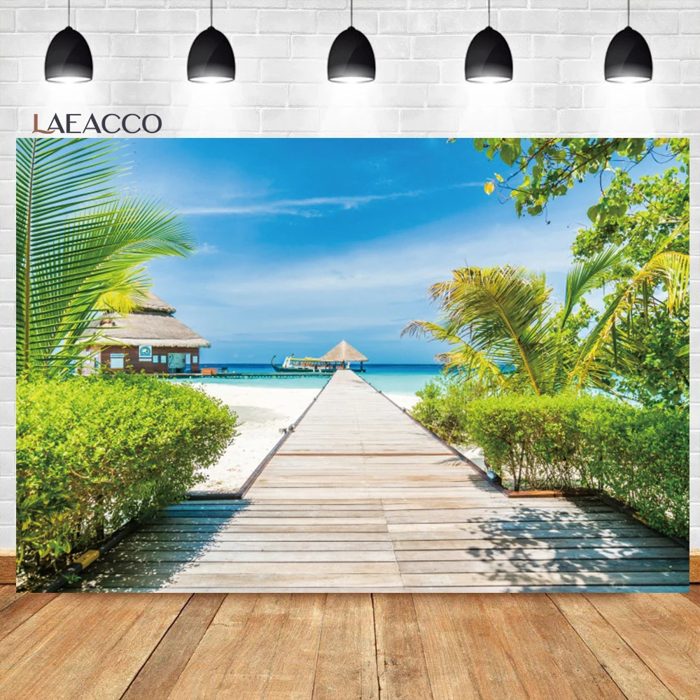 

Laeacco летний фон для портретной фотосъемки с изображением морского побережья морской воды деревянного моста пляжа голубого неба облаков для...