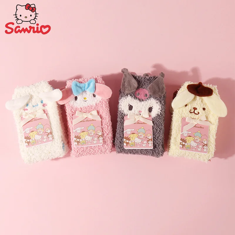 

Sanrio Socks Plush Cinnamoroll Melody Plush Warm Comfortable Cartoon Kawaii Kuromi Pom Pom Purin Floor Socks for Winter Genuine