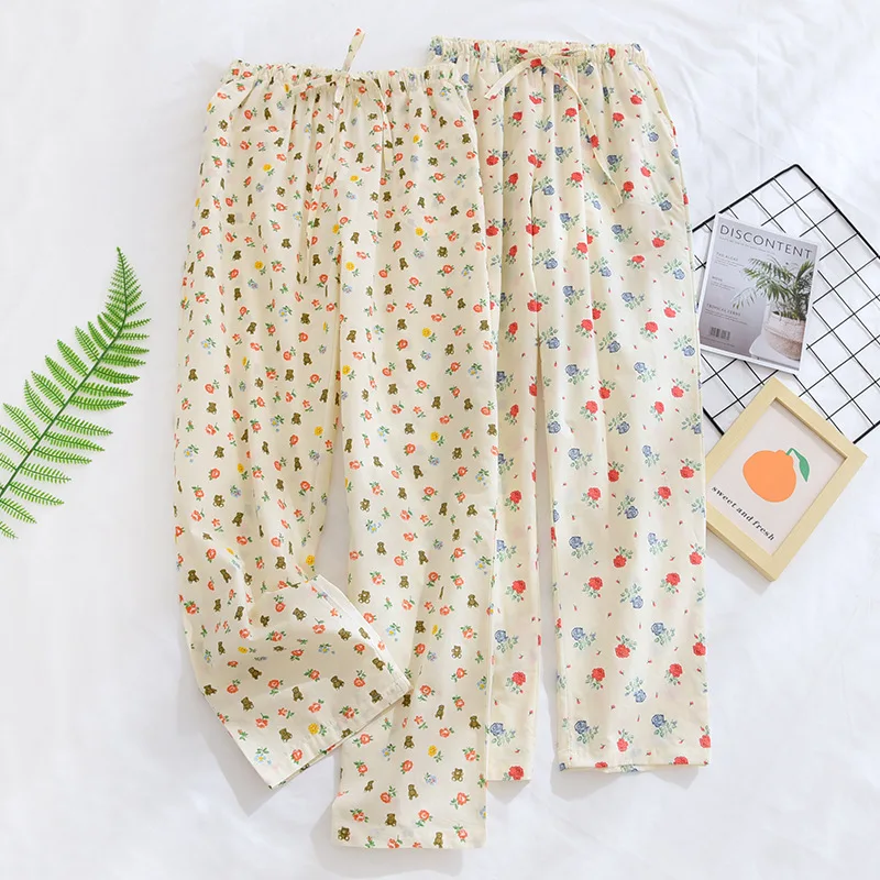 Plain Cloth Rural Floral Pajama Pants Female Summer Thin Encryption Cotton Side Pockets Home Large Can Be Worn Outside Trousers