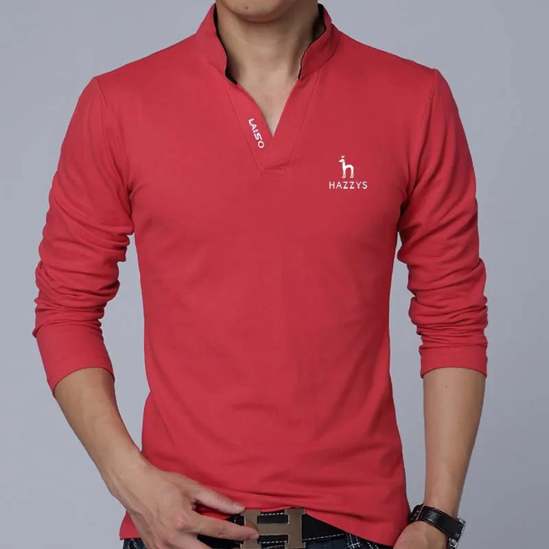 Men Golf Polo HAZZYS Tops Solid Color Slim Fit Long Sleeves V Neck Pullover Casual Cotton Spring Shirt Clothes Men's T-Shirts
