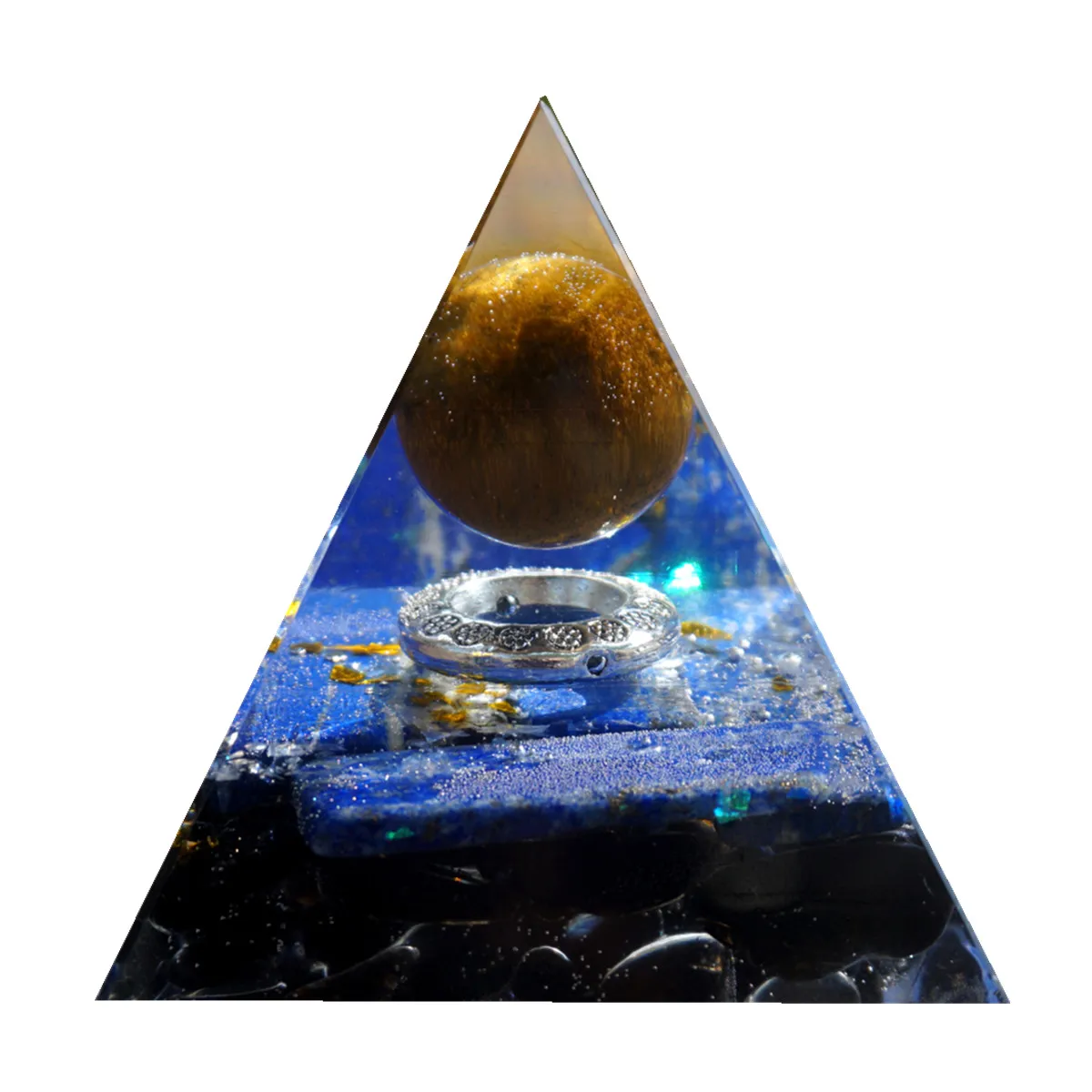 

Tiger eye Crystal Ball Orgone Pyramid With Lapis Lazuli Obsidian Quartz Stone Orgonite Reiki Energy Healing Pyramide