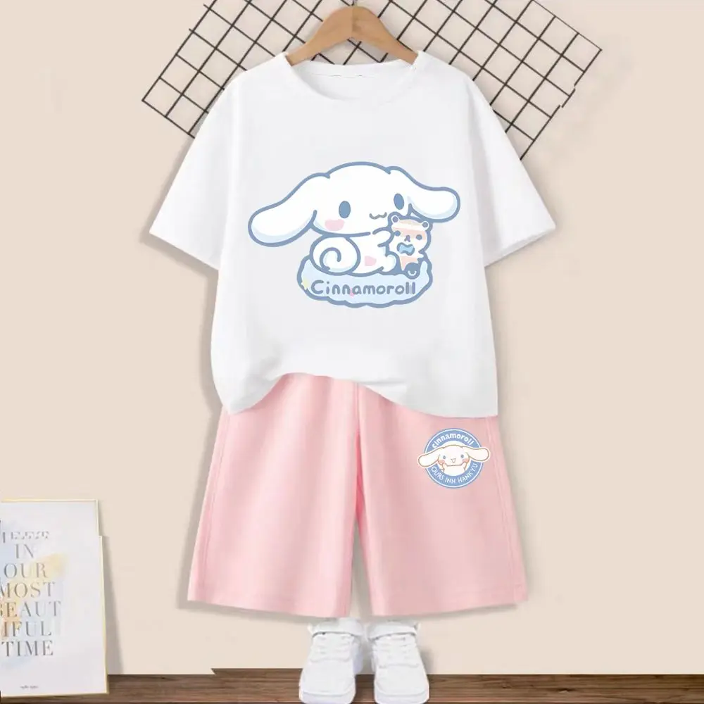 

Sanrios Cinnamoroll Summer Children's T-Shirt Shorts Set Cute Cartoon Anime T-Shirt Casual Wear Girls Boys Sportswear Gifts