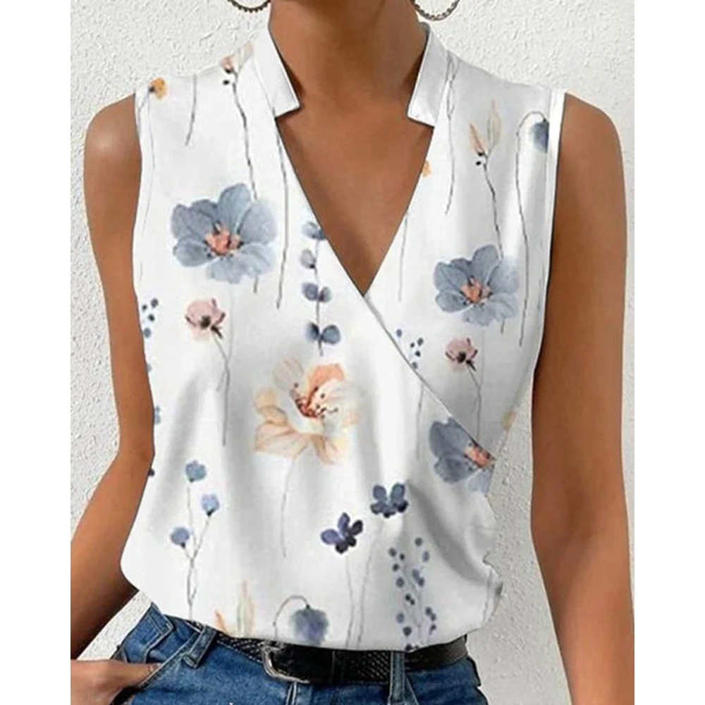

New in Women Floral Print V-Neck Summer Casual Tee Tops Sleeveless T-Shirt Woman Streetwear Work Blouse Daily Clothes