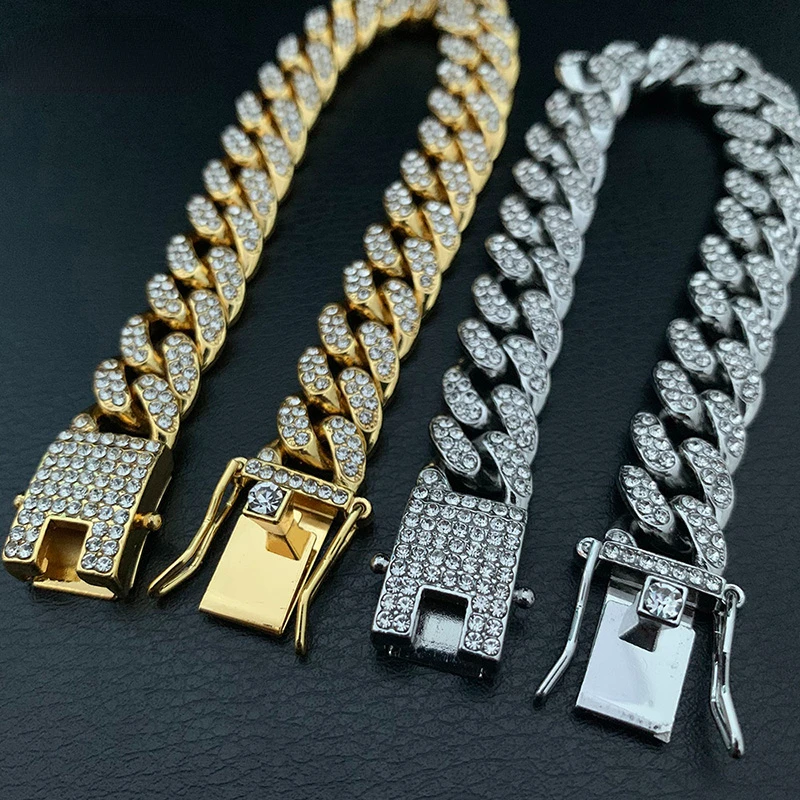 

High-Quality Full AAA Stone Bling Iced Out Pave Men Bracelet Miami Cuban Link Chain Bracelets for Men Jewelry with Delicate Box