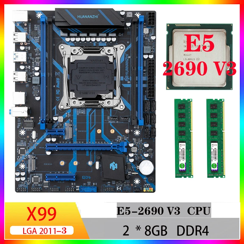 Материнская плата X99 QD4 huananzhi motherboard комплект xeon e5 2690 v3 ddr4 ram combo 16gb 16gb материнские платы cpu gamer M-Atx computador для компьютерных игр gtx 1660 ti super  rx 580 8gb 550