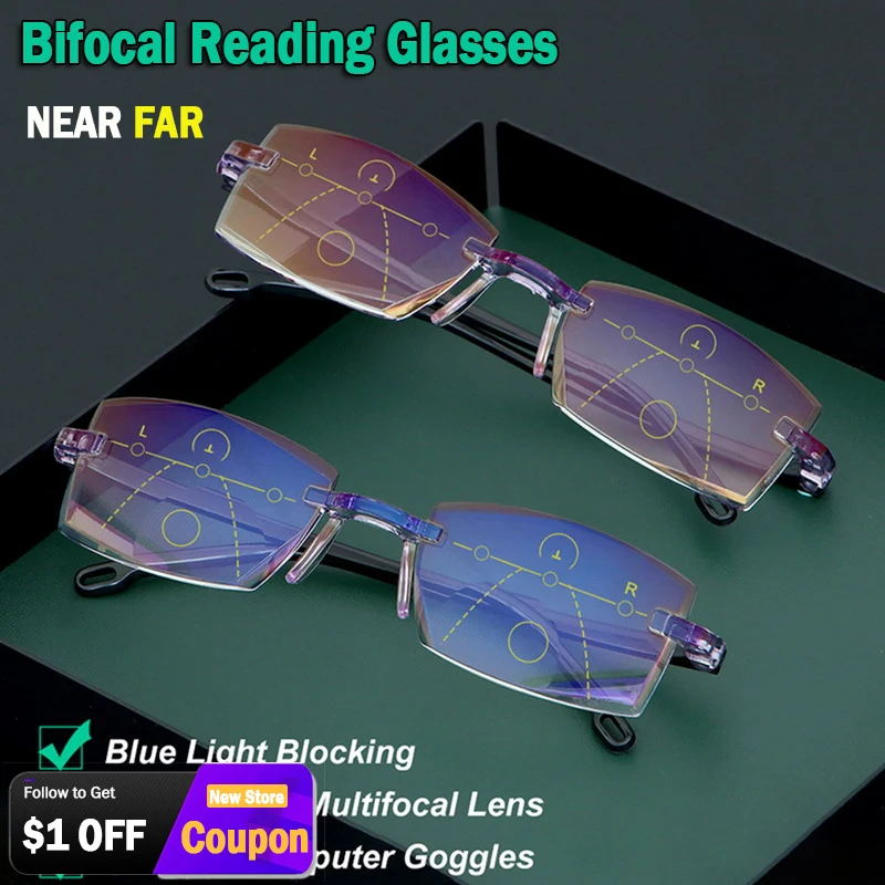 

New Rimless Bifocal Reading Glasses Anti Blue Light Far Near Magnification Rectangle Eyewear Men Women Presbyopic Glasses +3.0