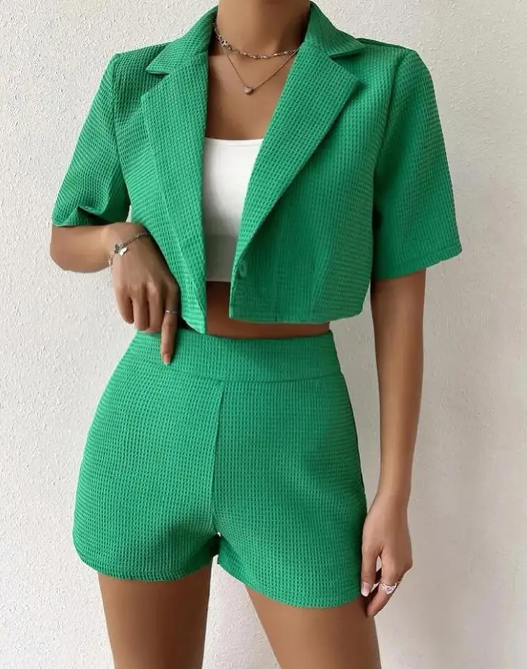 

Women's Two Piece Sets Knit Lapel Collar Crop Blazer Shorts Set Elegant Short Sleeve Top Suit Fashion Daily Streetwear