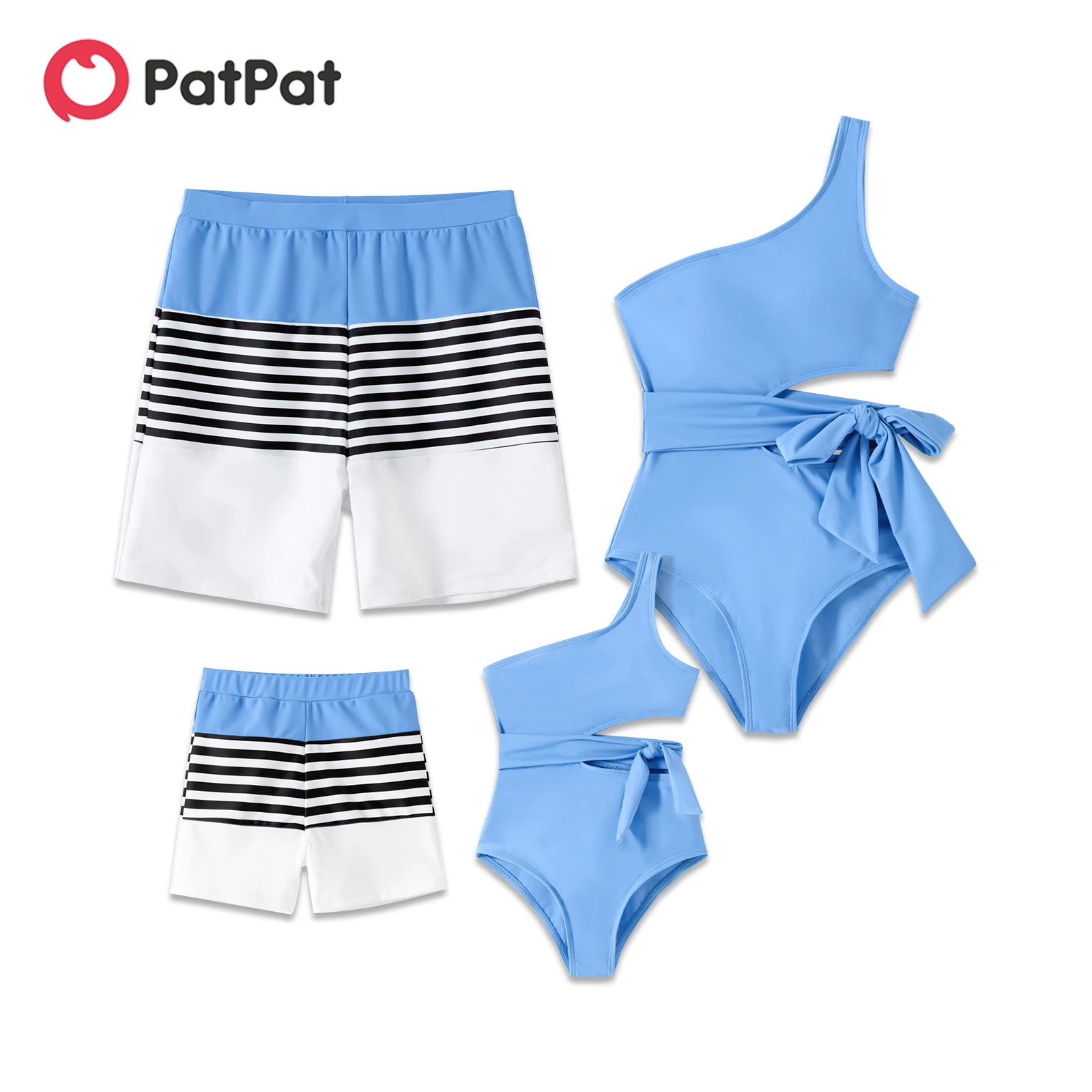 PatPat Family Matching Solid One Shoulder Cut Out PatPat Family MaSelf-tie One-piece Swimsuit and Striped Colorblock Swim Trunks