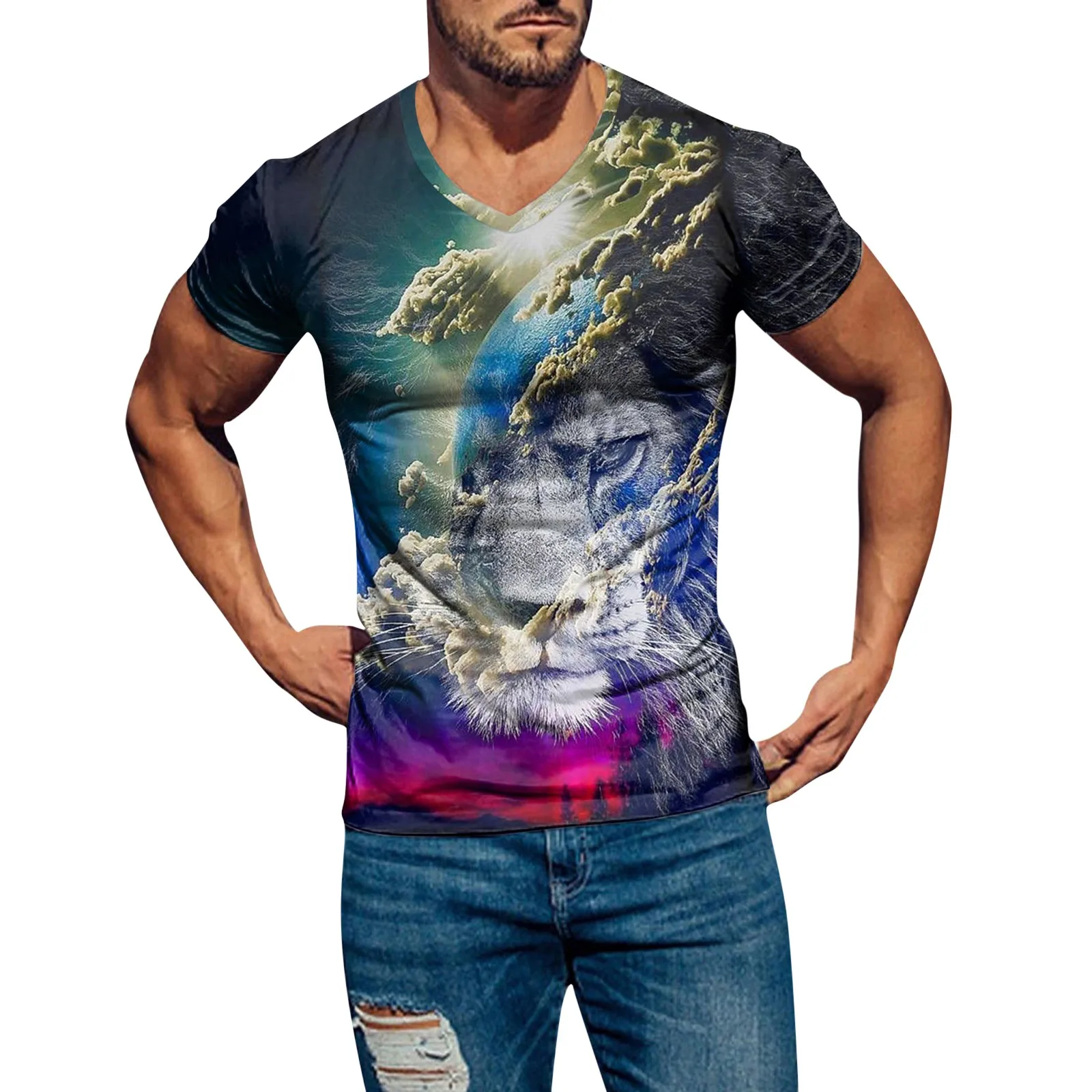 

Футболка мужская с 3d принтом, модная повседневная спортивная Удобная Облегающая рубашка с коротким рукавом и V-образным вырезом, лето 2023