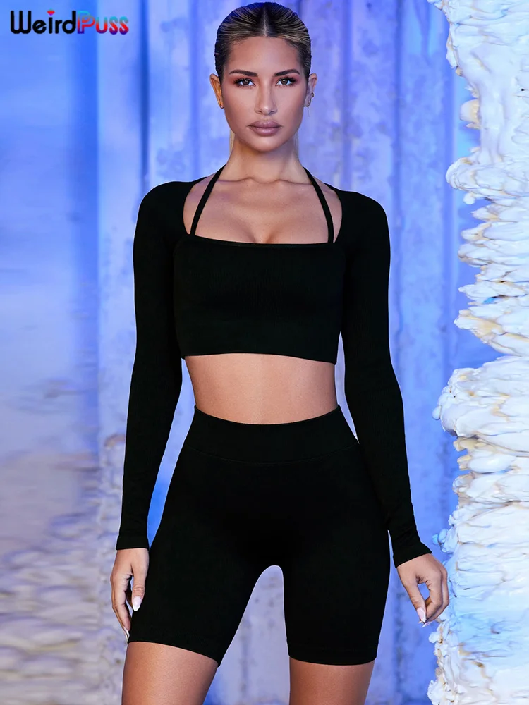 

Женский облегающий спортивный костюм в рубчик, с мягкими чашечками и шортами