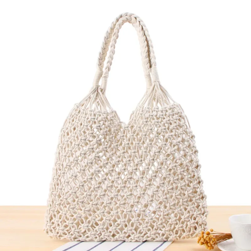 

Женская сумка на одно плечо, однотонная Плетеная соломенная сетчатая пляжная сумка ручной работы из хлопка и веревки для отпуска, новинка 2022
