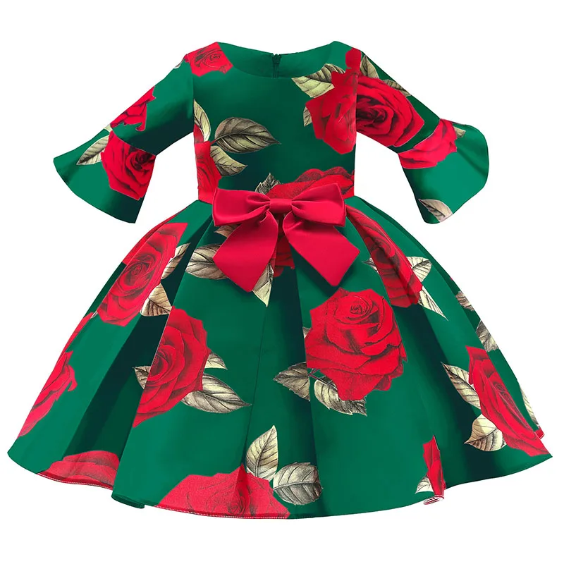 

All Flower Printed Satin Half Sleeved Party Dress Flower Girl Dresses for Weddings Kids Dresses for Christmas Birthday Dress