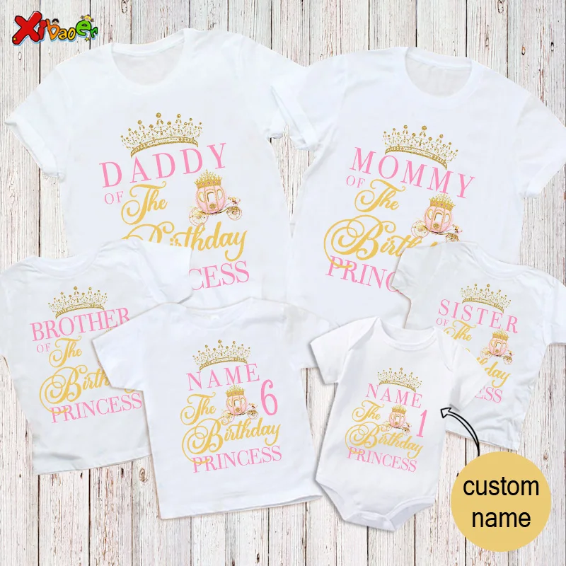 

Princesses Family Birthday Shirt Party Carriage Crown for Girl Birthday Party Matching Clothes Outfit Baby Jumpsuit Custom Name