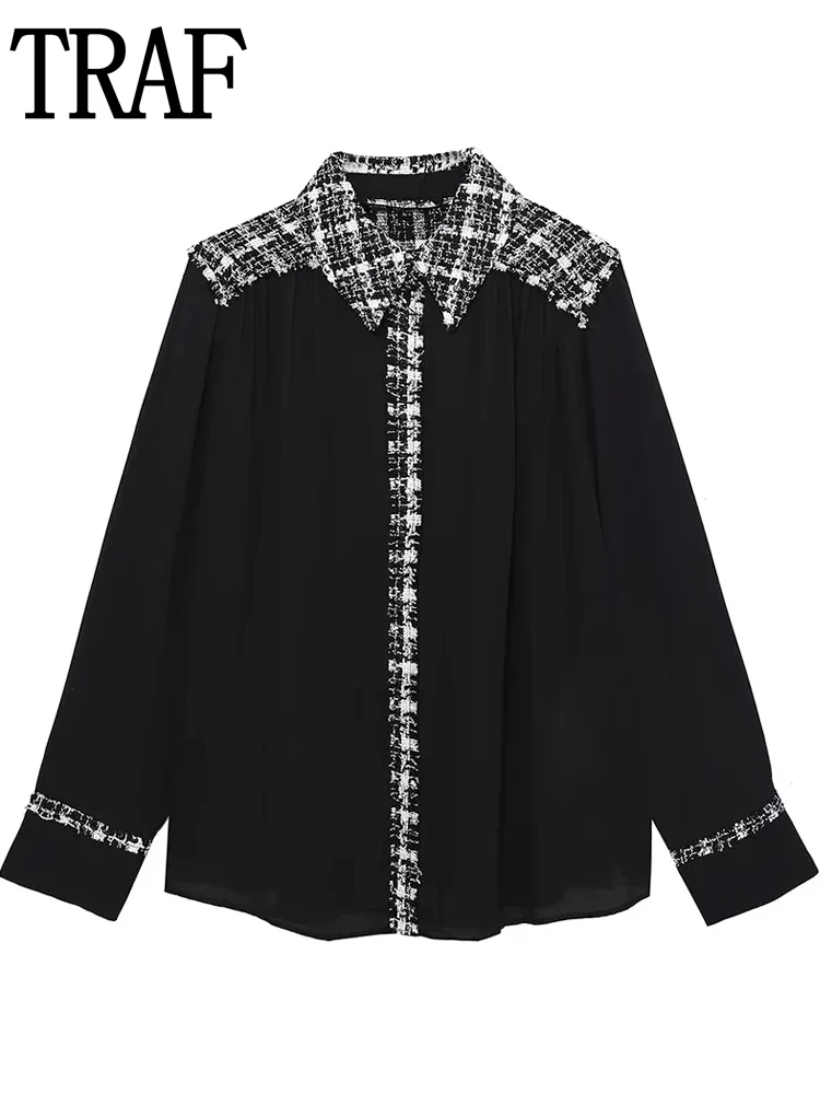 

Черная Женская рубашка с воротником TRAF 2022, текстурированные блузки с длинным рукавом, Повседневная рубашка на пуговицах, женская уличная од...
