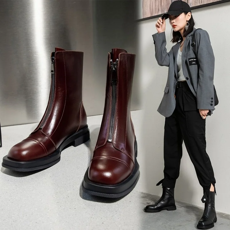 

2022 Autumn and winter shoes Women ankle boots natural leather 22-25cm cowhide modern boots square toe front zipper guidi boots