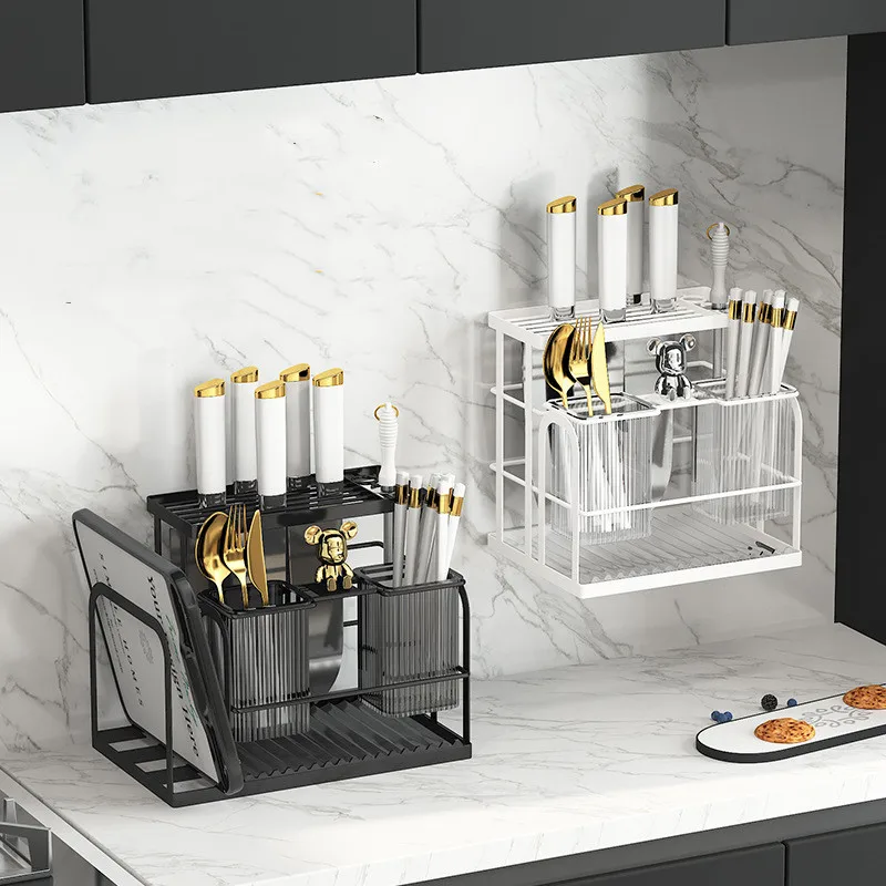 

Light Luxury Wall Mounted Kitchen Countertop Shelf Knife Holder Chopsticks Knife Fork Spoon Cutting Board Drainage Storage Rack