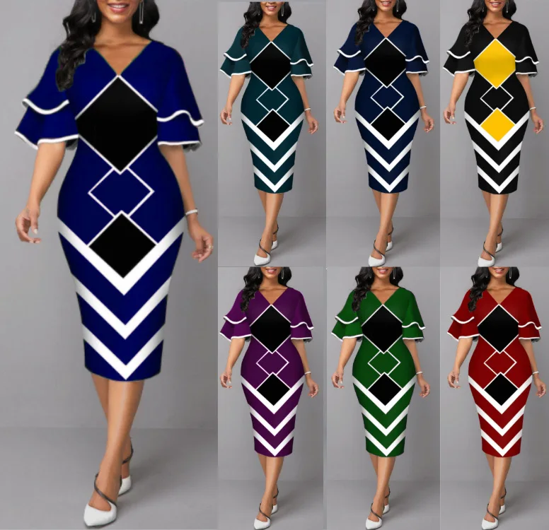 

Women Fashion Casual Bodycon Dress V-neck Double Layer Short Ruffle Sleeve Back Zipper Dress for Ladies
