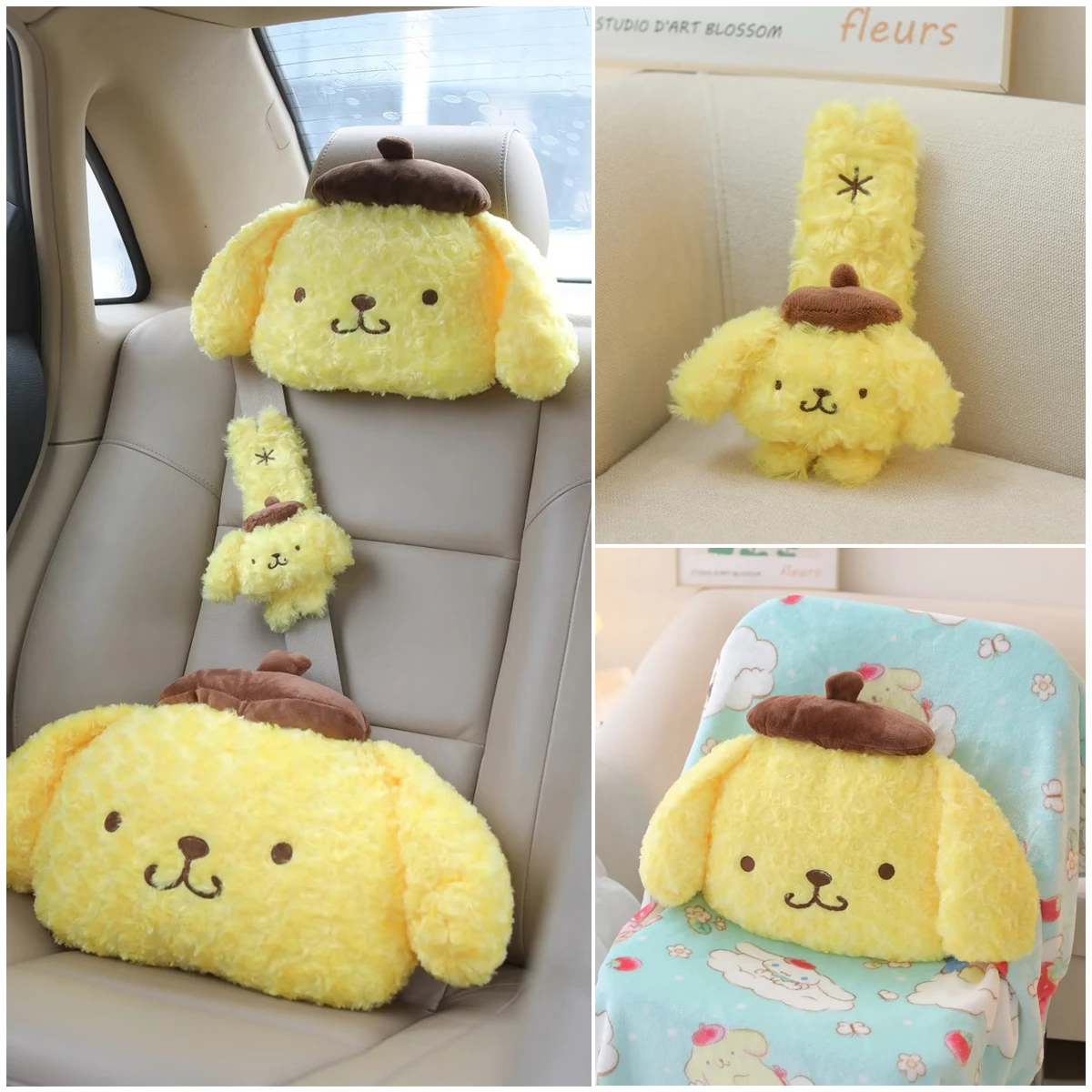 

Japanese Style Headrest Seat Belt Cover For Car Pom Pom Purin Plush Toy Cute Stuffed Anime Dog Pillow Back Cushion Hug Plushies