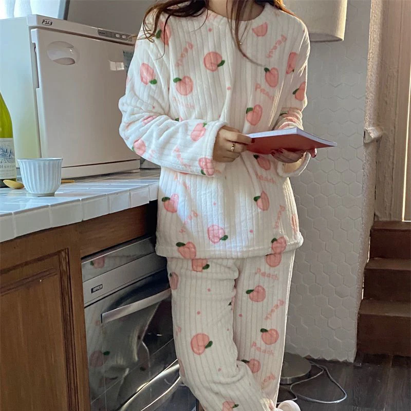 Free-shipping Winter Warm Pajamas Women Flannel Printed Coral Fleece Long Sleeve Thicken Sleepwear Pants Loungewear Home Wear