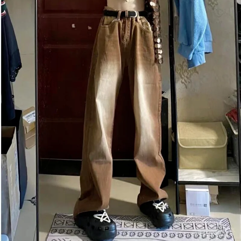 Retro Brown Straight-leg Jeans Women's Autumn Loose Korean Version of The Thin Casual Gradient Color Wide-leg Mopping Trousers