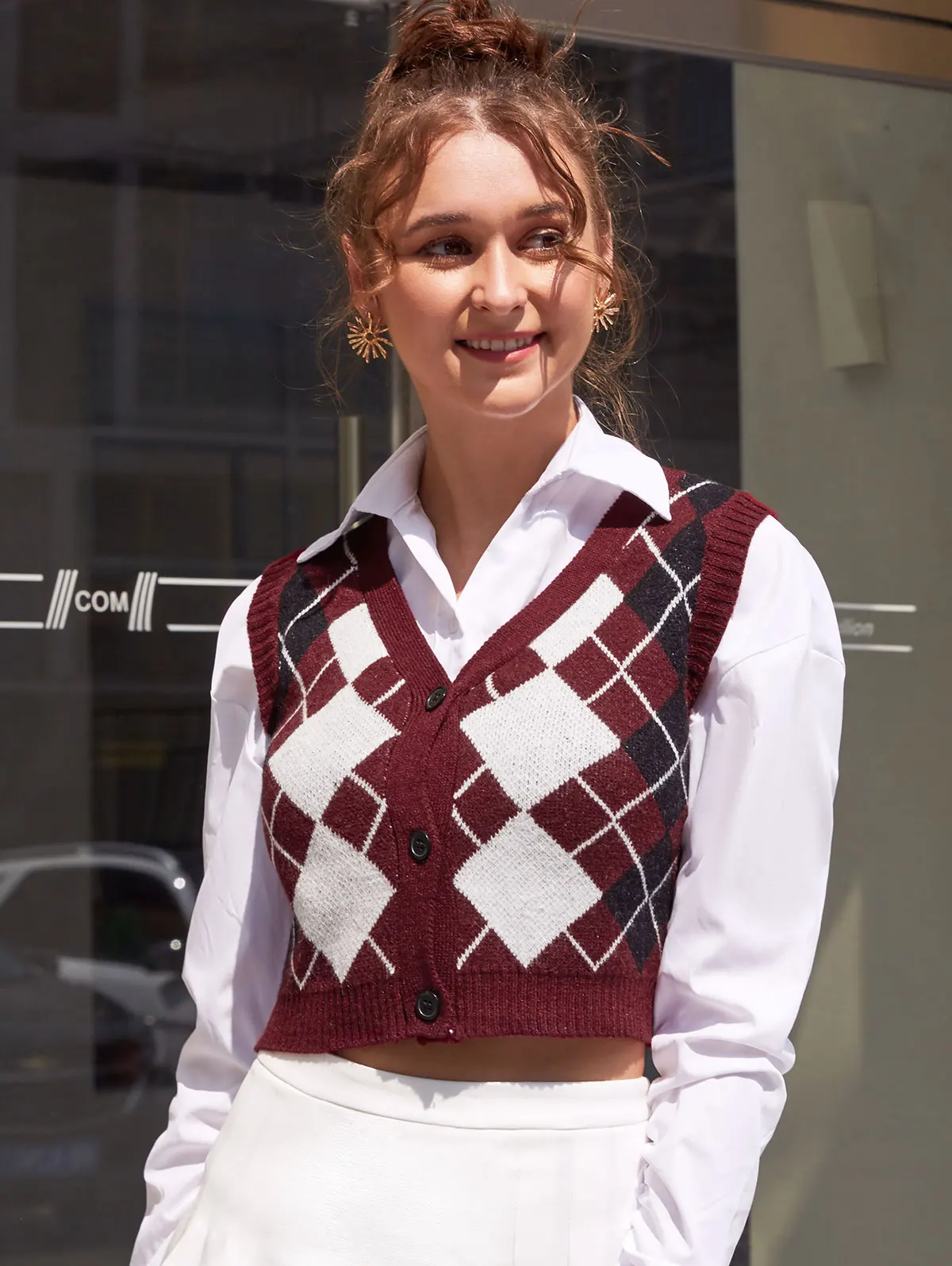 

ZAFUL Argyle Button Up Sleeveless Cardigan Preppy Style Women Sweaters