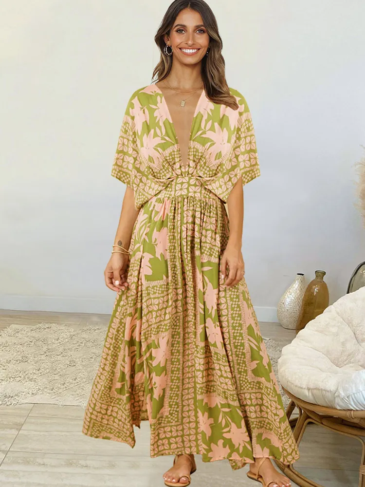 Платье-Макси женское с цветочным принтом разрезом и V-образным вырезом |