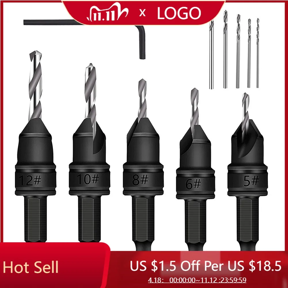 

11pcs Countersink Drill Woodworking Drill Bit Set Drilling Pilot Holes For Screw Sizes #5 #6 #8 #10 #12 With A Wrench Tools