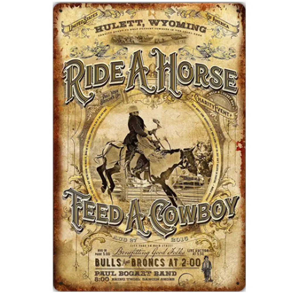 

Retro Design Ride A Horse Feed A Cowboy Tin Metal Signs Wall Art | Thick Tinplate Print Poster Wall Decoration for Garage
