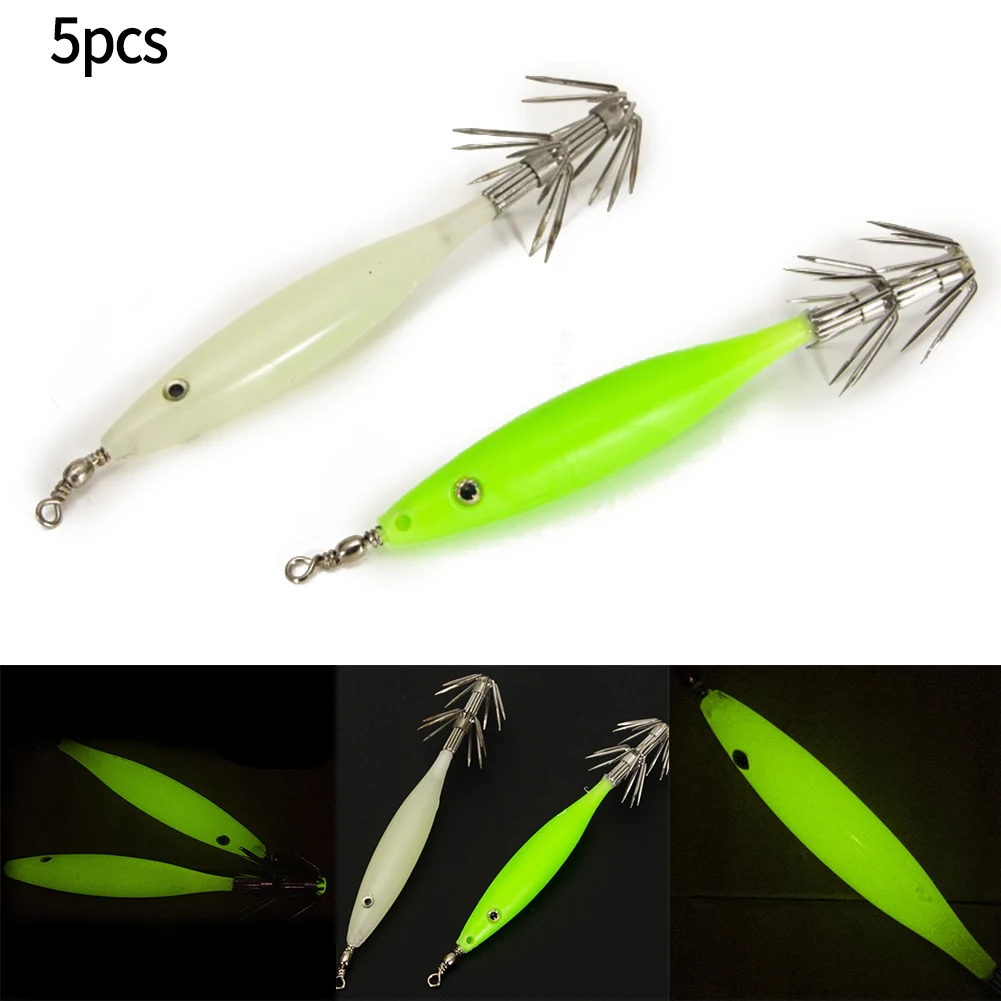 

5Pcs Luminous Fishing Lures Octopus Jig Hook 8cm Wood Shrimp Bait Squid Hook Sea Fish Baits Hard Lure Carp Fishing Accessories