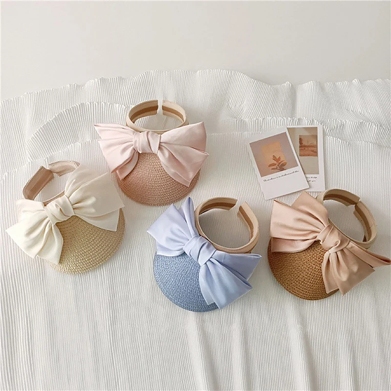 

1PC Ribbon Big Bow Sun Hat Empty Top Hat Children Hat Kid Cap Holiday Outing Beach Hat Wheat Straw Cap