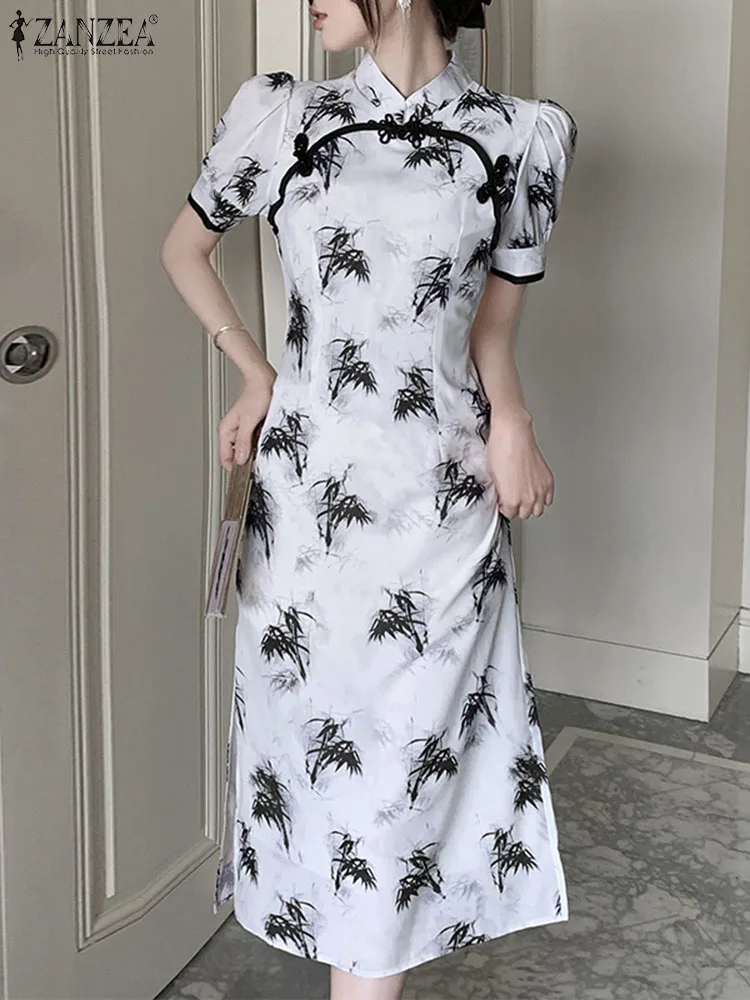 

ZANZEA Vintage Bamboo Printed Dress Women Fashion Holiday Stand Collar Cheongsam Summer Sheath Midi Dress Elegant Side Slit Robe