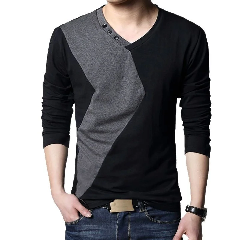 

Brand Autumn Mens T Shirts Fashion 2022 Streetwear Long Sleeve V Neck Color Patchwork Cotton T Shirt Men M-5XL