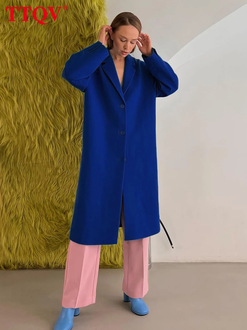 

TTQV Elegant Blue Simple Winter Coat For Women Vintage Loose Lapel Long Sleeve Coat Casual Office Lady Jacket Female Clothing