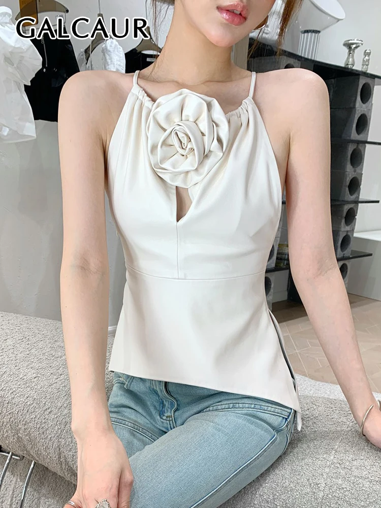 

GALCAUR Patchwork Floral Backless Vest For Women Halter Sleeveless Tunic Solid Folds Slimming Irregular Hem Tank Tops Female New