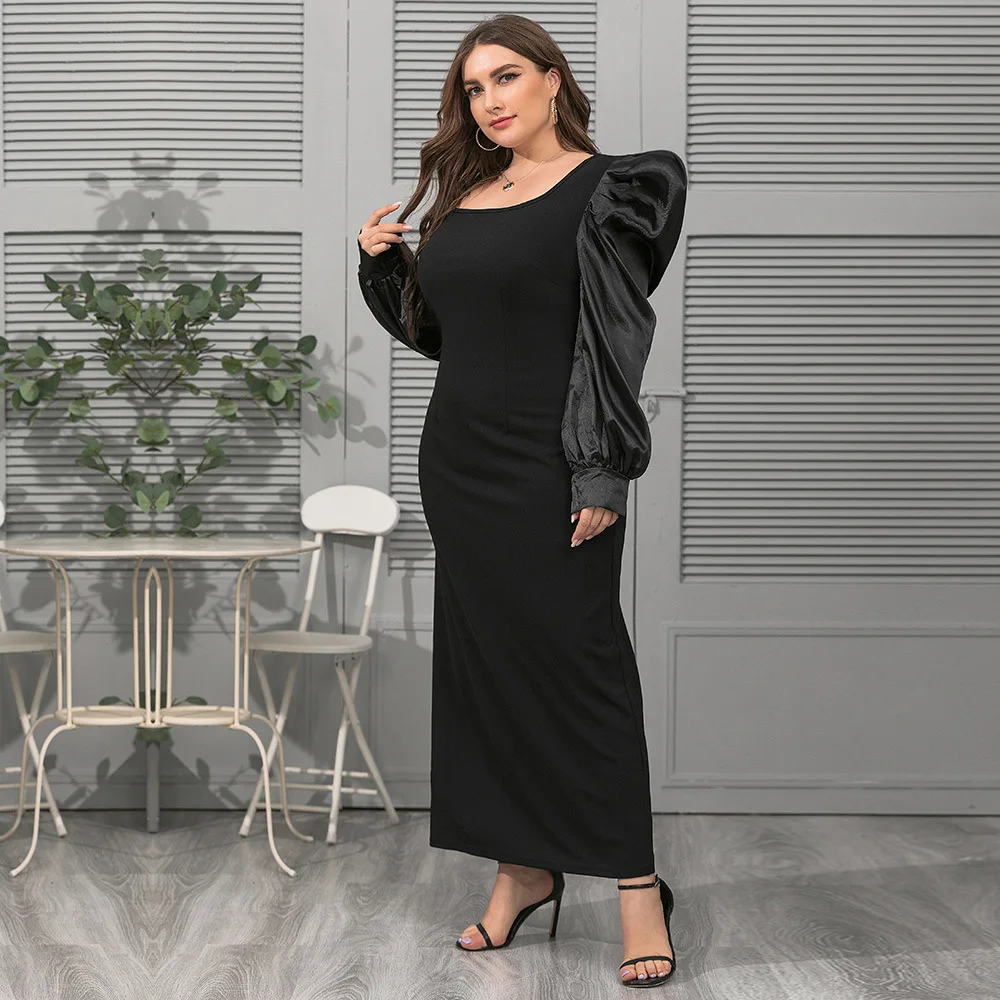 

Plus size women's clothing 2022 spring and autumn new fashion square neck puff sleeves loose temperament elegant dress