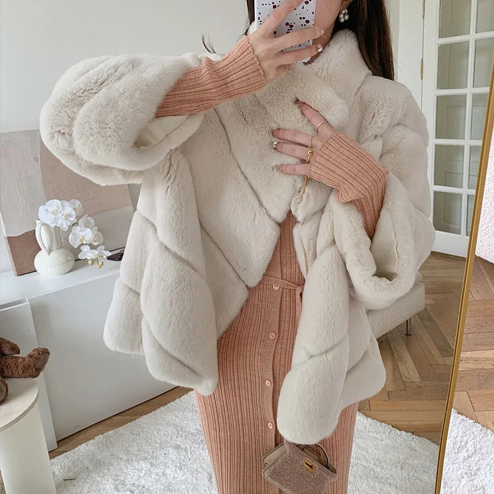 

Annsirgra Winter Women Chinchilla Real Rex Rabbit Fur Coat Natural Fur Jacket Short 55CM Fashion Overcoat Soft Warm Streetwear