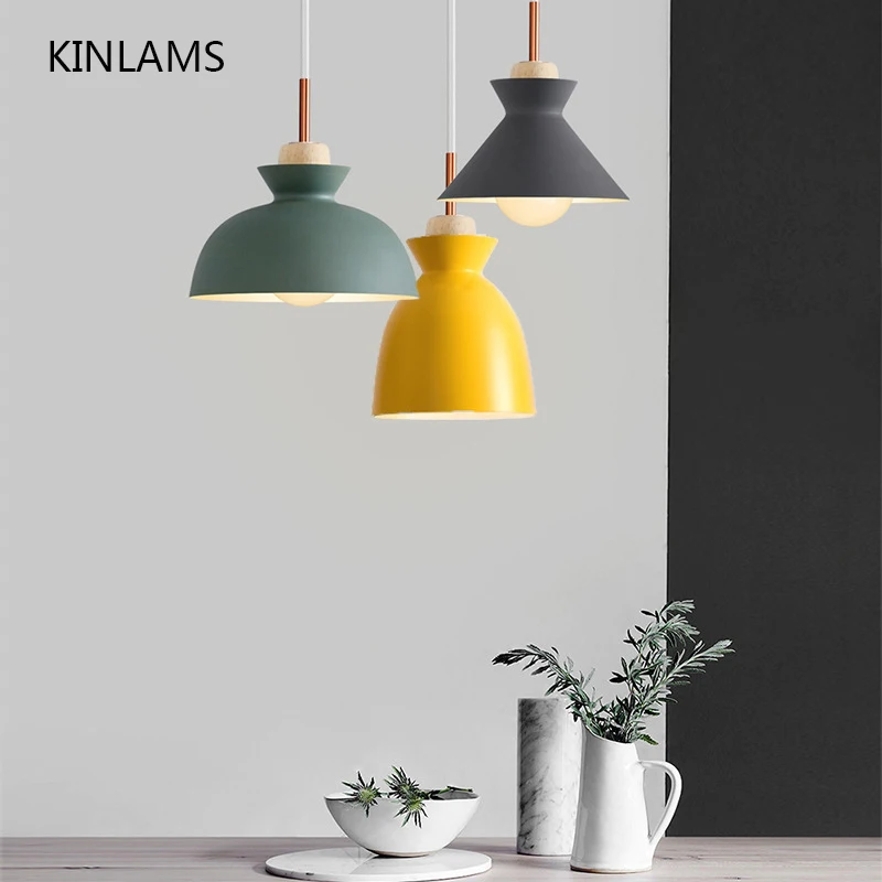 

Morden Wire Chandelier Nordic Colorful Wood Pendant Lights Lamparas Minimalist Design Shade Luminaire Bar Dining Room Lights E27