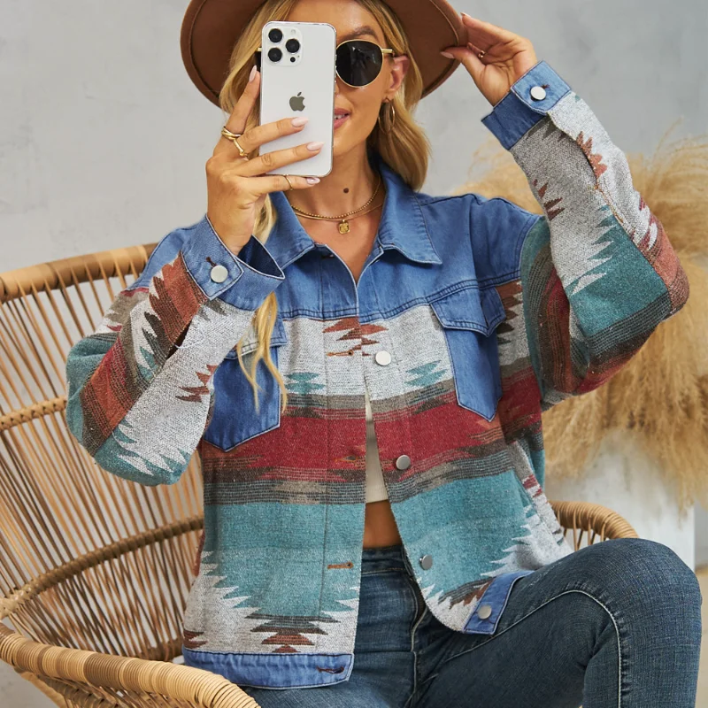 

Spring Autumn New Women Denim Jacket Design Sense Printing Stitching Woolen Coats High Street Retro Lapel Top Female Clothing
