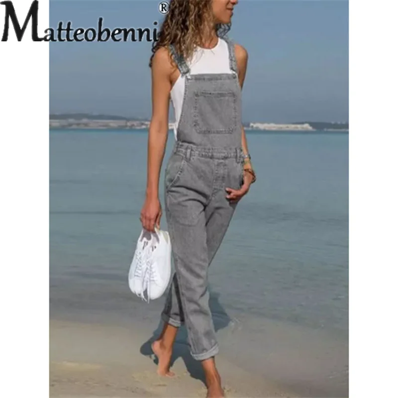 Fashion Solid Color Strap Pants Streetwear Female Casual Splicing Pocket Denim Rompers Loose Commuter Mid-waist Women's Jumpsuit