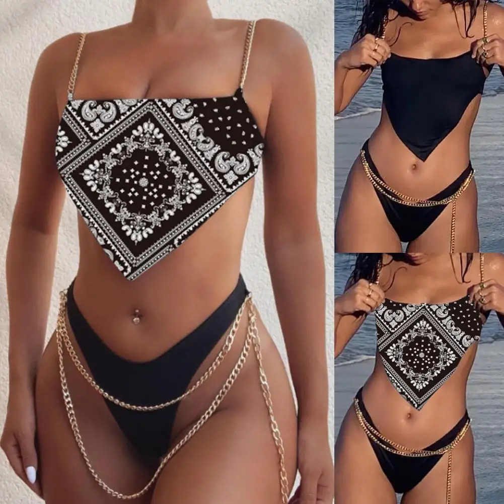 

Two-piece 2Pcs/Set Attractive Suspenders Sleeveless Split Bikini Female Women Swimwear Metal Chain Beachwear