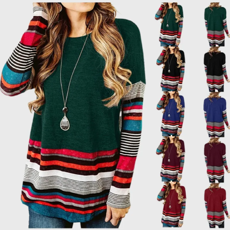 

Striped T Shirt Women Splicing Long Sleeve Top Women Loose Tee Shirts Autumn Winter T-shirt Fashion Tops Tee Female O-neck Tee