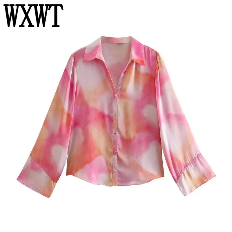 

WXWT Women Fashion Tie Dye Shirt Long Sleeve Single Breasted Blouse Office Lady Tops Chemise Femme OZZ1472