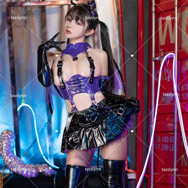 Сексуальные лакированные кожаные костюмы для косплея фиолетового маленького