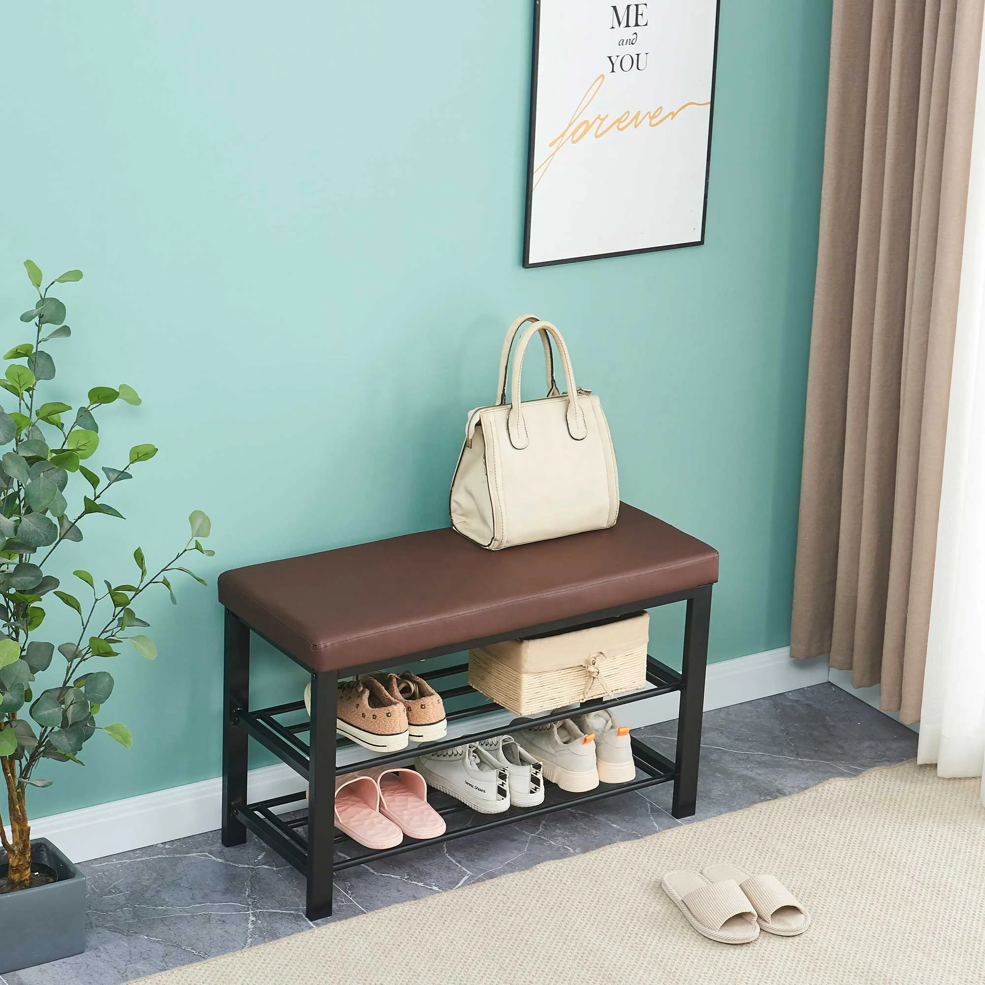 Shoe Bench 3-Tier Rack for Entryway Storage Organizer with Foam Padded Seat Faux Leather Metal Frame Living