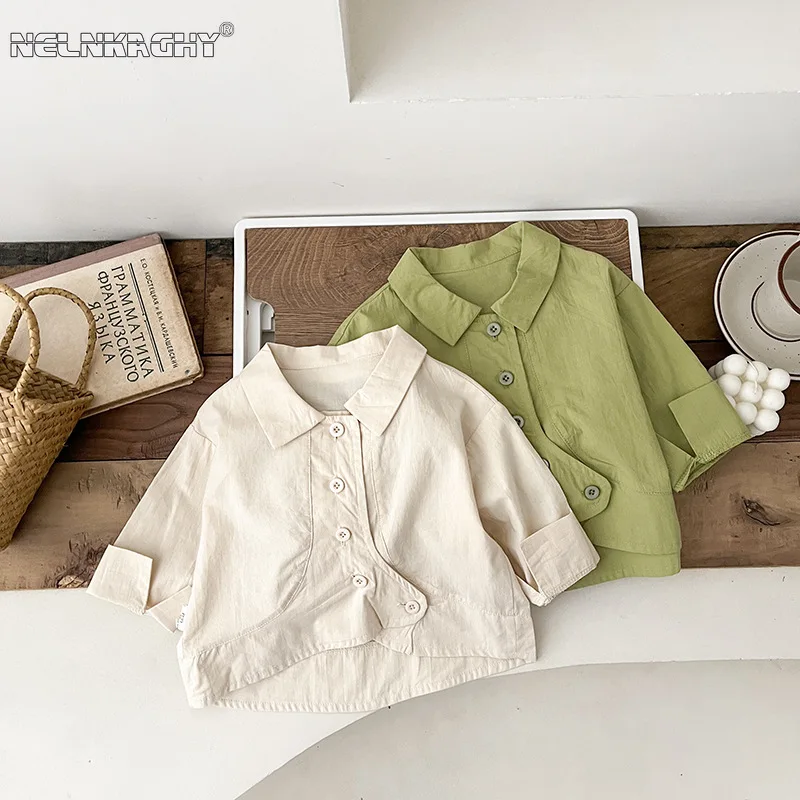 

2023 Autumn Spring New In Newborn Baby Boys Solid Color Single-breasted Top Infant Toddler Irregular Versatile Shirts 0-3Y