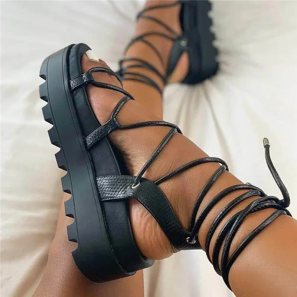 

New lace-up flat net red sponge cake platform Roman shoes