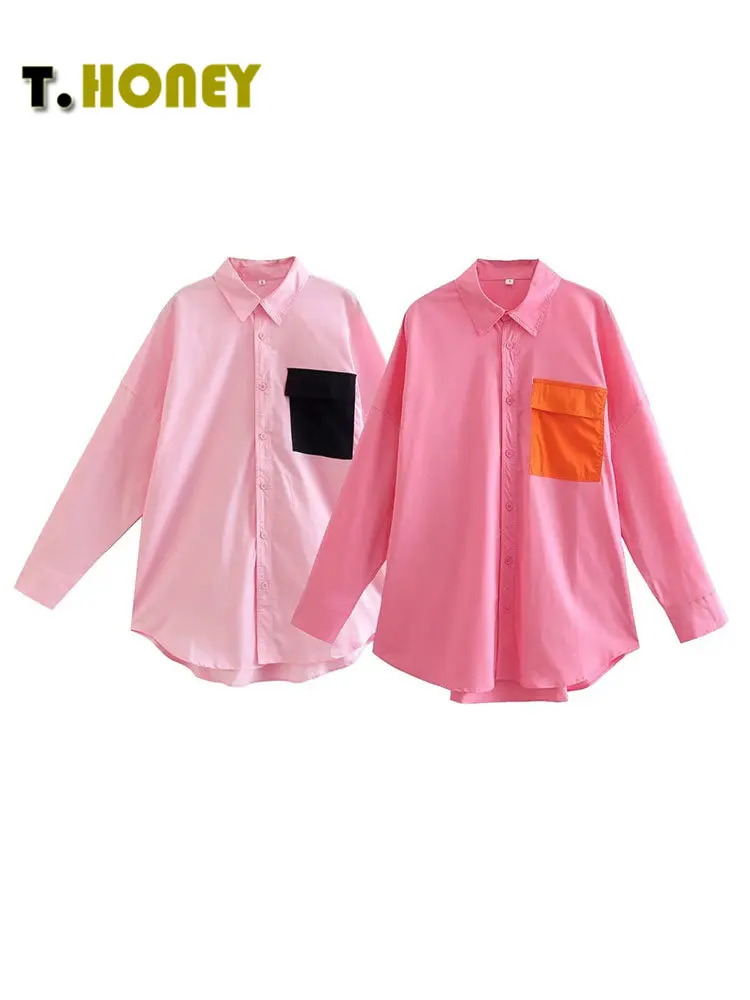 

TELLHONEY Women Fashion Lapel Collar Single Breasted Blouses Female Casual Long Sleeves Loose Contrast Color Shirt